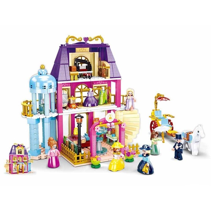 Set de Constructie Sluban Girl's Dream, Centrul Comercial pe 3 Etaje, 526 Piese, Include 6 Figurine, Mobilier si Separator Piese, 6-12 Ani