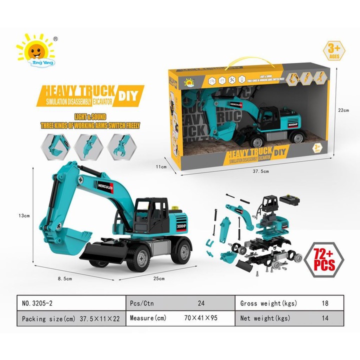 Játék kotrógép, maksik, 72+ darab, fények és hangok, 25x8.5x13cm