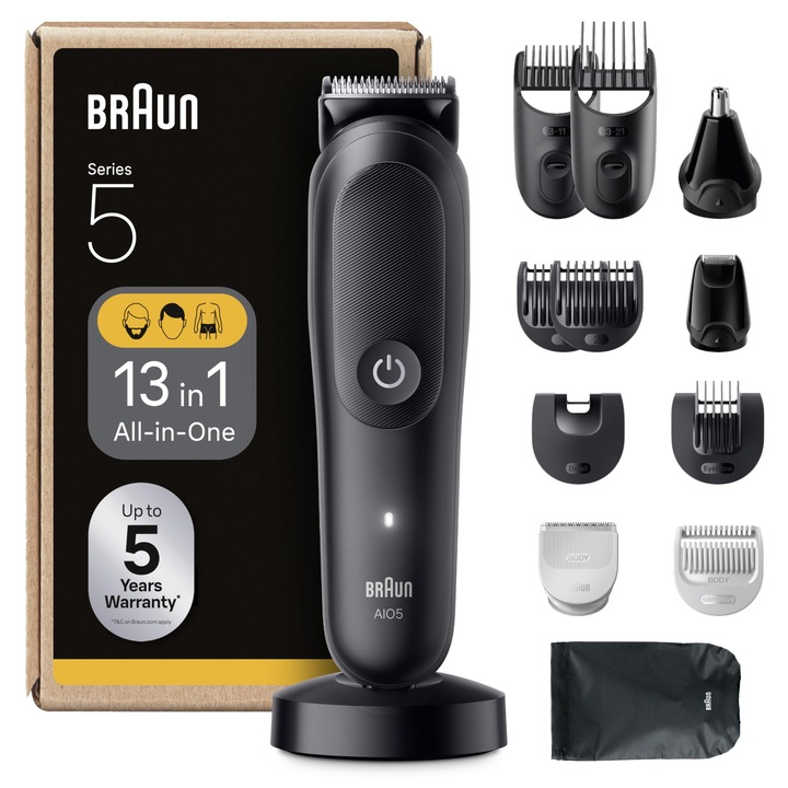 Aparat de tuns Braun All-in-One Series 5, 13 în 1, rezistent la apă, 14 lungimi, negru, AIO5565