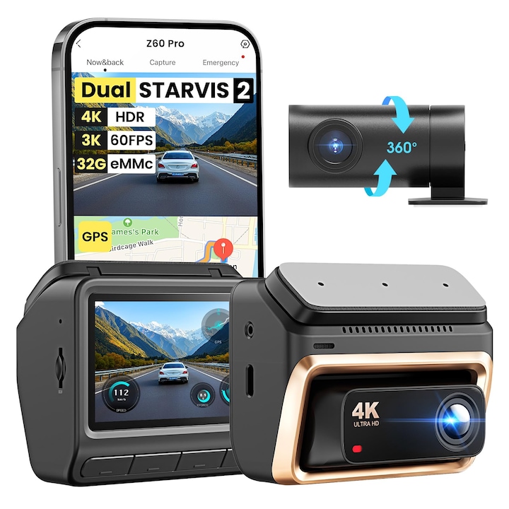 Camera Auto DVR DDPAI Z60 Pro, Camera de Bord 4K HDR Ultra, GPS Incorporat, WiFi, Bluetooth, Camera Marsarier, Inregistrare in Bucla, Vedere Nocturna