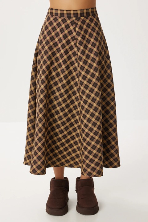 Fusta lunga, Happiness Istanbul, carouri, cu buzunare, maro/negru, textil