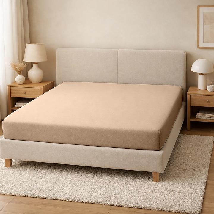 Gumírozott lepedő, Modis@, 100% pamut, jersey anyag, 160x200x25cm, Bézs