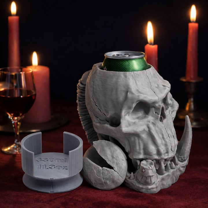 Orc koponya pohártartó 500 ml-es dobozokhoz, 330 ml-es adapterrel, hidegen tartja az italt, ezüst