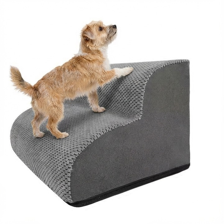 Scara pentru caini si pisici Averra, 2 trepte, 30 cm, husa din plus detasabila si lavabila, spuma premium pentru stabilitate, 40×40×30 cm, gri