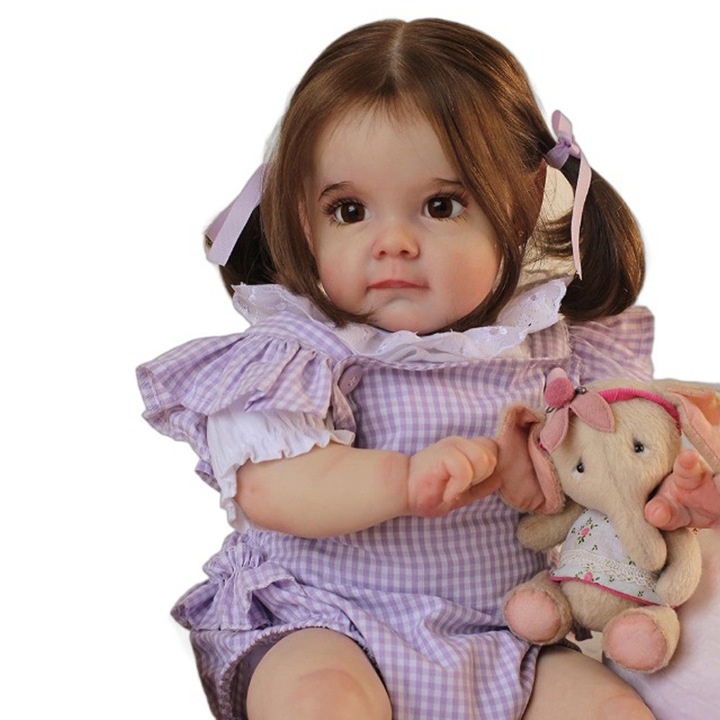 Кукла Reborn 60 см, Duueyct, кафява коса, силиконово тяло, с дрехи, залъгалка и шише