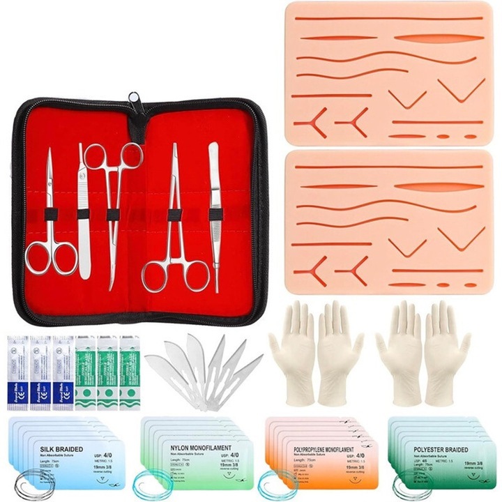 Kit complet pentru practica sutura, Duueyct, 39 piese, silicon, 2x14 rani pre-taiate, Portabil, pentru Studenti la Medicina