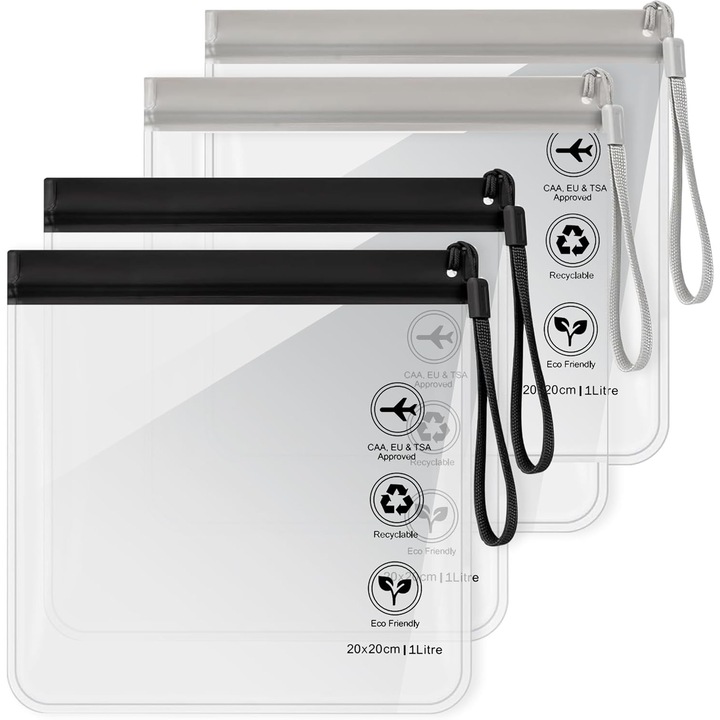 Set 4 pungi travel, reutilizabile, Impermeabile, cu fermoar Rezistent si maner negru, 20x20 cm, YQLAFT, transparent