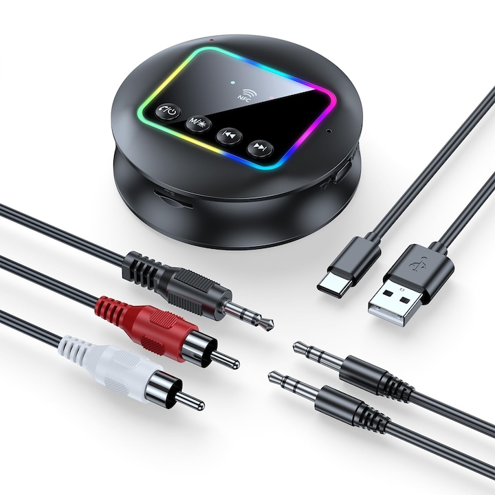 Adaptor Bluetooth receptor audio 2 in 1, Bluetooth 5.4, raza de 10m, cu functie NFC, RCA si jack de 3.5mm, pentru stereo acasa, difuzor, masina, TV, OUYLAF, negru