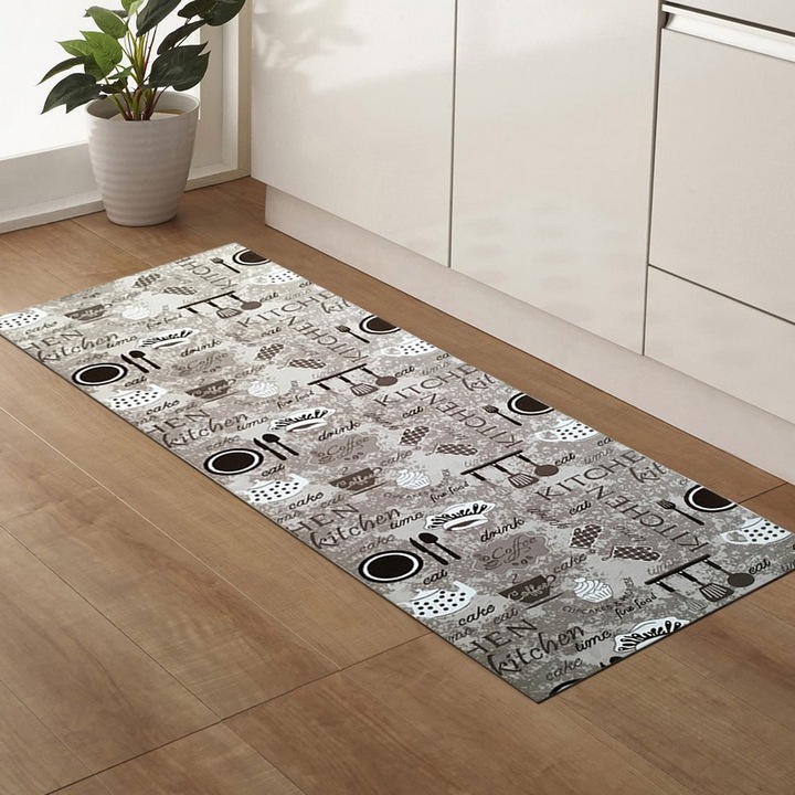 Covor Antiderapant Bucatarie, Bej cu Maro, Poliester, 60 x 240 cm