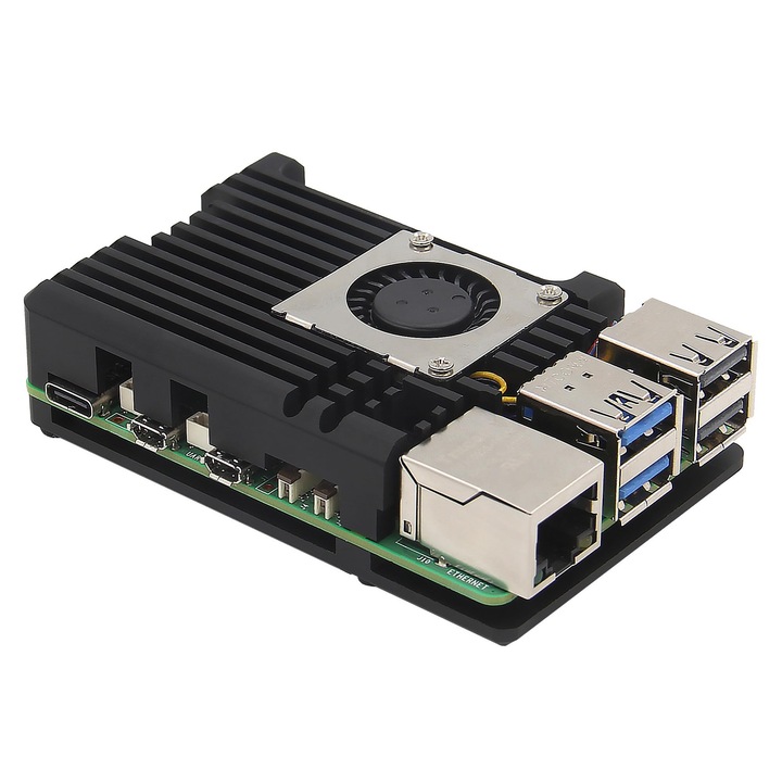 Кутия за радиатор Raspberry Pi 5, активно охлаждане с PWM вентилатор, алуминий, защита от механични повреди, OUYLAF, черен