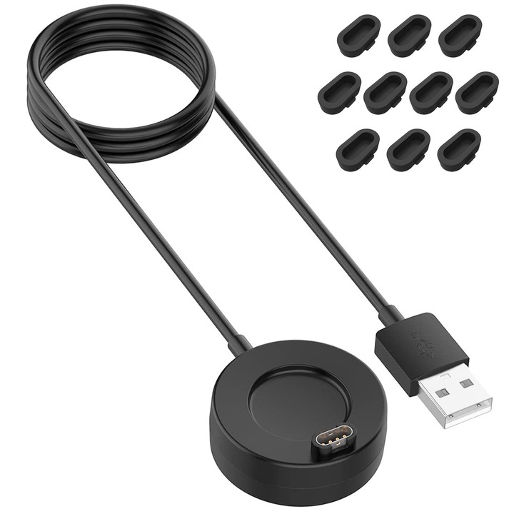 Set Adaptor de alimentare, Vine cu 10 capacete de praf pentru prize, compatibil cu smartwatch Garmin fenix5/5x/5s/6/6X/6S PRO Instinct/Vivoactive 5, Durabil, Usor de utilizat, OUYLAF, Negru