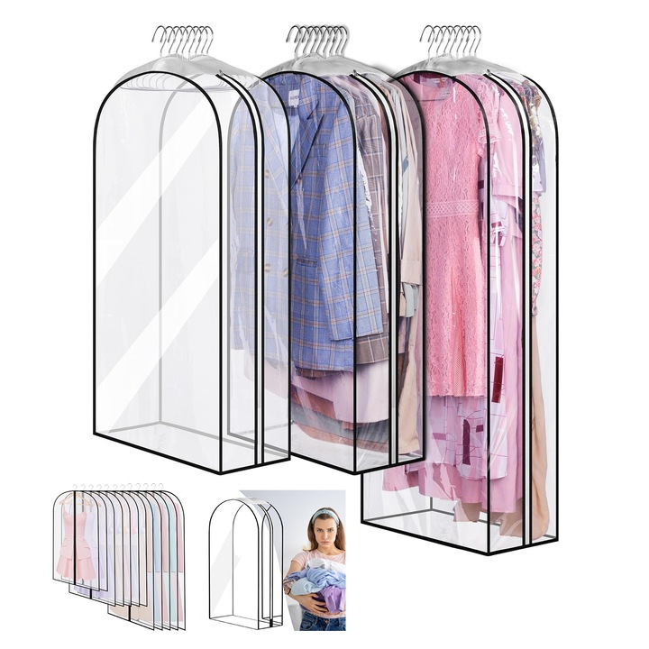 Set 3 Huse pentru Protecție Haine Wacorresi, Pliabile, Impermeabile, Transparent, 102x60cm/153x60cm