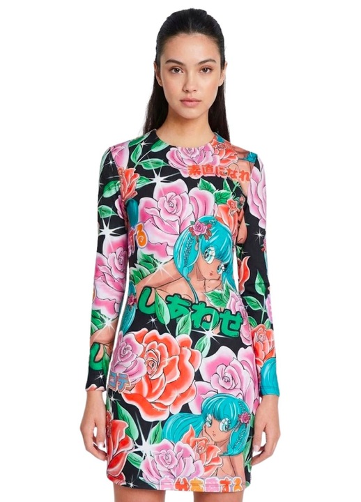 Desigual női mini ruha, testhezálló, hosszú ujjú, fekete, poliamid-elasztán