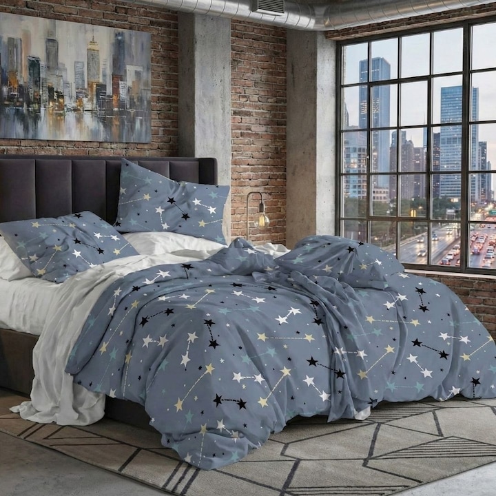 Lenjerie pat dublu Finet 6 piese, NufJoy®, Husa/Cearceaf cu elastic universal pentru saltea 160x200 cm/180x200 cm, cearsaf pilota 200x230 cm, 2 fete perna 70x70 cm, 2 fete perna 50x70 cm, Grey Stars
