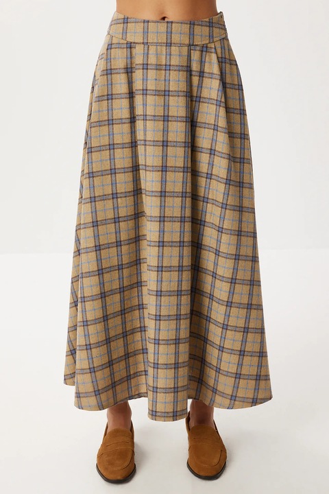 Fusta Midi Plisata cu Talie Inalta, Happiness Istanbul, Maro, Textil