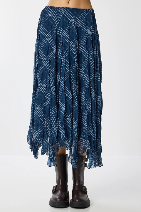 Fusta midi asimetrica Happiness Istanbul, talie inalta, cu fermoar, textil, albastru, M INTL