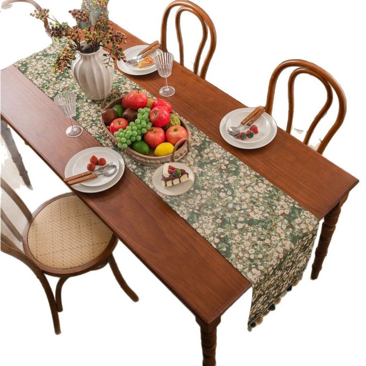 Zöld jacquard asztali futó, modern elegáns stílus, étkezőasztal dekoráció, 33×200