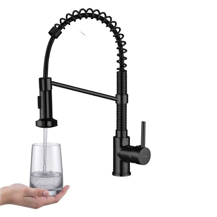 Baterie de bucatarie cu arc Loco, neagra mata, montare pe blat, 425mm