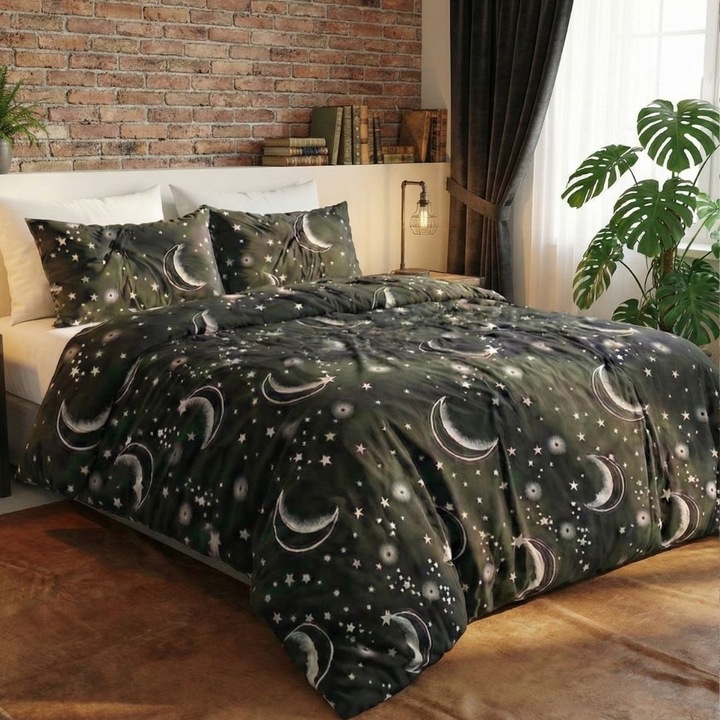 Lenjerie pat dublu Finet 6 piese, NufJoy®, Husa/Cearceaf cu elastic universal pentru saltea 160x200 cm/180x200 cm, cearsaf pilota 200x230 cm, 2 fete perna 70x70 cm, 2 fete perna 50x70 cm, Black Sky