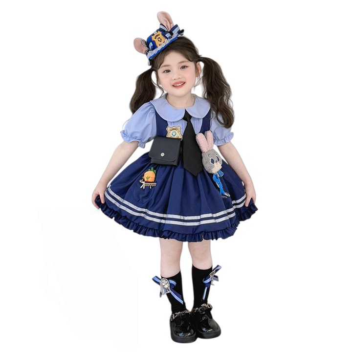 Setul de rochie al ofiterului Judy, Fantasy, Tema Zootopia, Maneca scurta, Lolita, 100 cm, Include cravata + curea + geanta + pompon + breloc iepuras + bentita de par iepuras, Potrivit pentru jocuri de rol pentru copii, petreceri tematice, Albastru