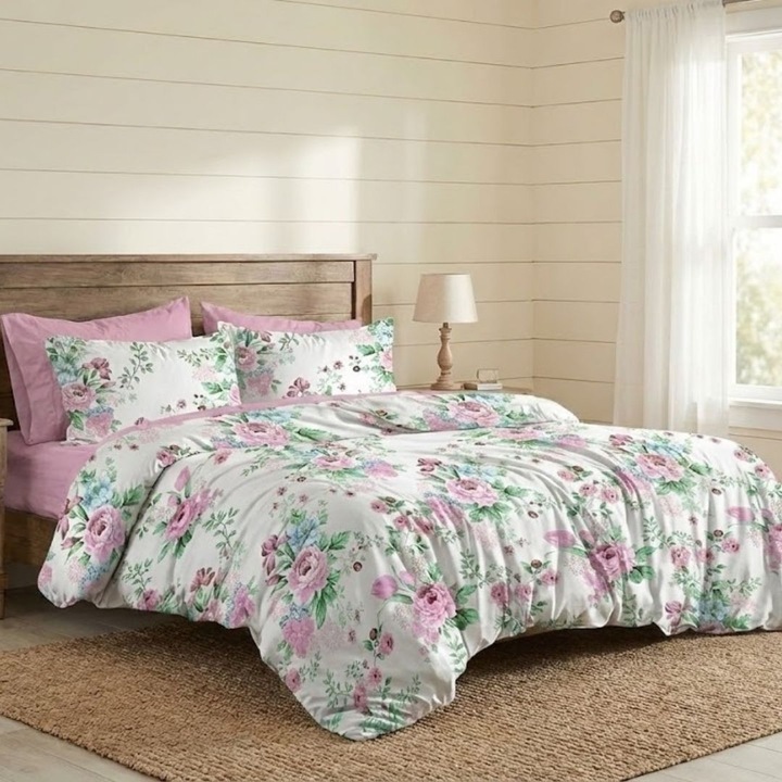 Lenjerie pat dublu Finet 6 piese, NufJoy®, Husa/Cearceaf cu elastic universal pentru saltea 160x200 cm/180x200 cm, cearsaf pilota 200x230 cm, 2 fete perna 70x70 cm, 2 fete perna 50x70 cm, Romantic Roses