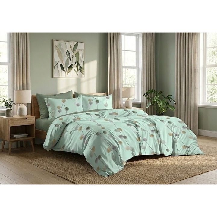 Finet pamut ágynemű garnitúra 6 részes AKCIÓ matrachuzattal 160x200 vagy 180x200 cm, paplan 200x220 cm, 2 párnahuzat 50x70 és 70x70 cm, Bézs / Zöld, Pucioasa