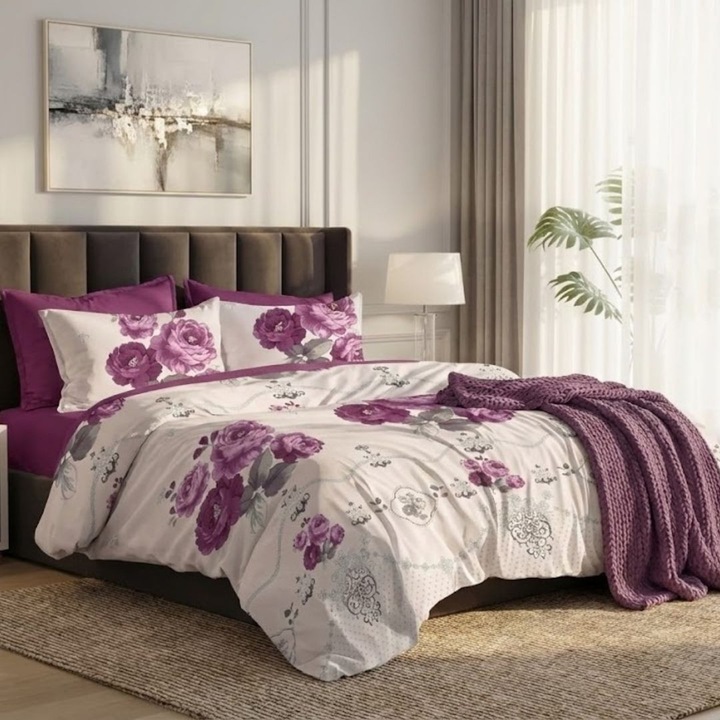 Lenjerie pat dublu Finet 6 piese, NufJoy®, Husa/Cearceaf cu elastic universal pentru saltea 160x200 cm/180x200 cm, cearsaf pilota 200x230 cm, 2 fete perna 70x70 cm, 2 fete perna 50x70 cm, Burgundy