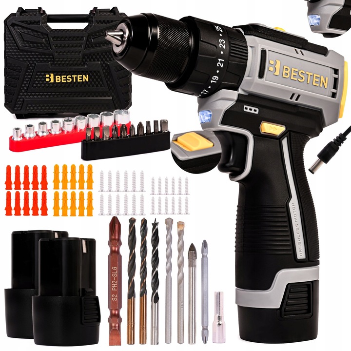 Masina de gaurit si insurubat BESTEN BE0002886 16,8V 2x2.0Ah 50Nm cu Udar, Set XXL 70 Accesorii
