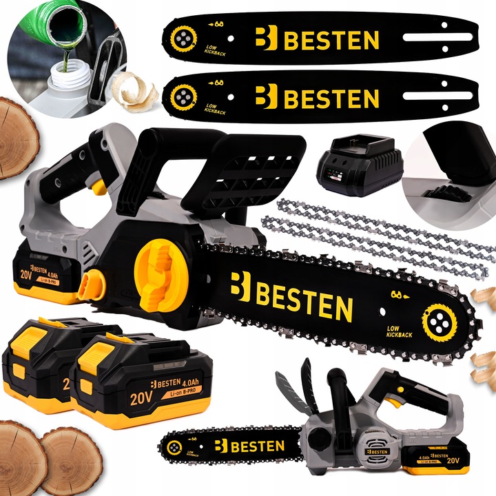 BESTEN B-PRO 12" akkumulátoros elektromos láncfűrész, 2x 4.0Ah akkumulátor, szénkefe nélküli, teljes készlet