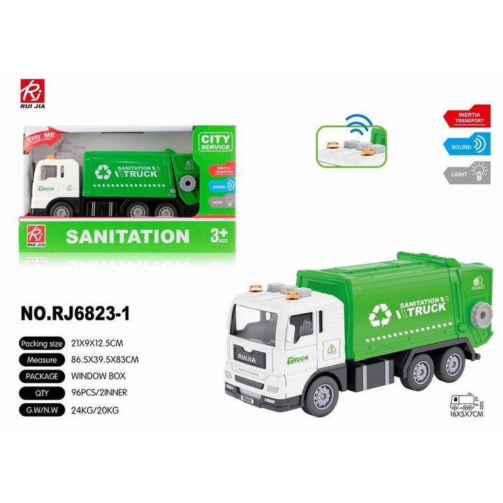 Camion de gunoi pentru copii, maksik, cu efecte sonore si luminoase, 16x5x7cm, pentru 3 ani+