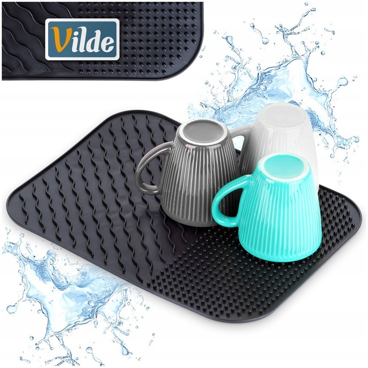 Tava Pentru Uscat Vase, Vilde, 34x26,5x0,4 cm, Fabricata Din Silicon, Rezistenta La Temperaturi De La -40°C La 120°C, Canale Pentru Scurgerea Apei, Suprafata Mare, Negru