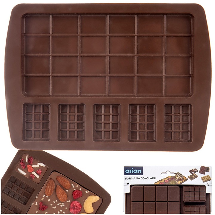 Forma Pentru Ciocolata, Orion, 18.5x13.5x1.5 cm, Fabricata Din Silicon, Rezistenta La Temperaturi Ridicate Si Scazute, Usor De Scos Ciocolata, Dimensiuni Variate Ale Tabletelor De Ciocolata, Culoare Maro