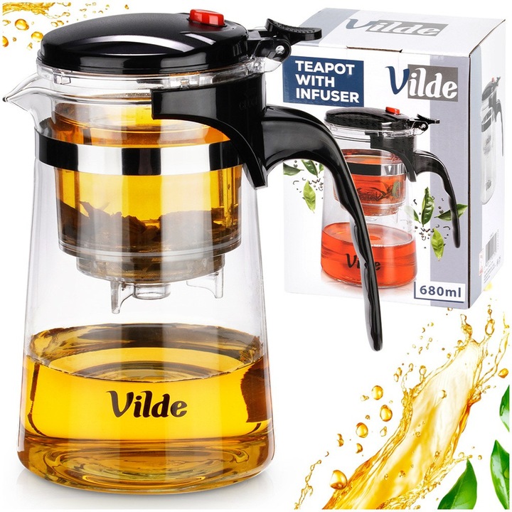 Cana Din Sticla Cu Infuzor, Vilde, 680 ml, 13x9x17 cm, Sticla, Infuzor Cu Sistem De Eliberare, Rezistenta La Temperaturi De La -20°C La 120°C, Utilizare Confortabila, Transparenta