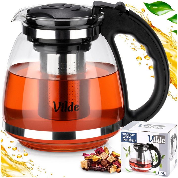 Kancsó infúzióval, Vilde, 1,5 L, 20x14x16 cm, Üveg, Rozsdamentes acél infúziós eszköz, Kényelmes fogantyú és fedél, Univerzális használat, Átlátszó