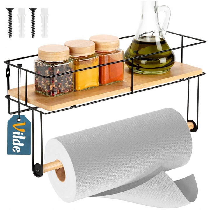 Set Suport prosoape de hârtie cu raft, Vilde, negru, metal cu lemn de bambus, 37x12.5x18.5 cm