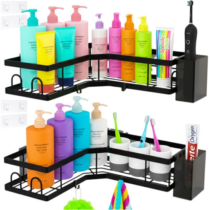 Комплект от 2 ъглови рафта за баня Ruhhy, без пробиване, самозалепващи се, боядисана стомана, стил Лофт, черни, с държач за четки и куки