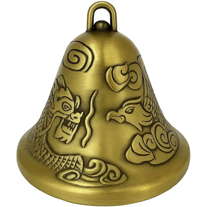 Clopotei cu Pheonix si Dragon pentru protectie, obiect feng shui pentru dragoste, 6 cm auriu