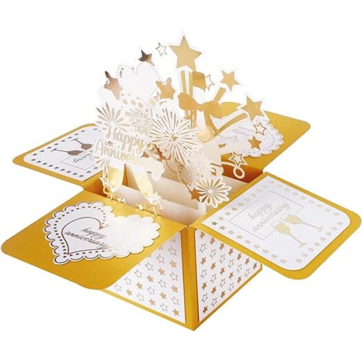 Felicitare 3D pentru ziua de nastere, 8 x 8 cm, hartie, auriu, alb