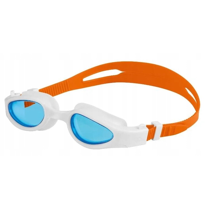 Ochelari de inot CRIVIT pentru tineret S-M, bicolor alb-portocalie, cu protectie UVA si UVB, dimensiuni 14.5x4x3cm, set cu etui protector.