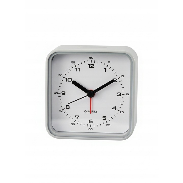 Ceas desteptator analogic, gri, mecanism silentios, dimensiuni 8x8x4cm