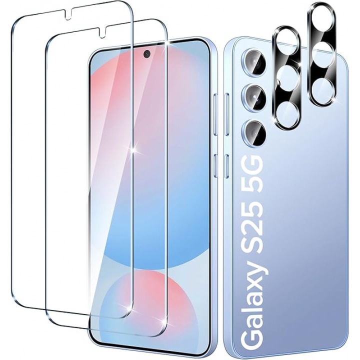 Folie protectie ecran si lentile camera, 2 bucati, sticla securizata 9H, transparent-negru, 0.33mm, compatibila cu Samsung Galaxy S25