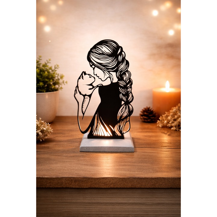 Decoratiune casa cu LED Fata si Pisica, Silueta Neagra cu Baza Imitatie Marmura, plastic biodegradabil, 21 cm, Lumanare LED cu Baterie