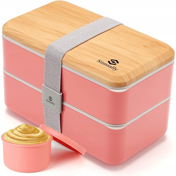 Cutie alimentara roz, 1400 ml, 3 compartimente, cu recipient pentru sos