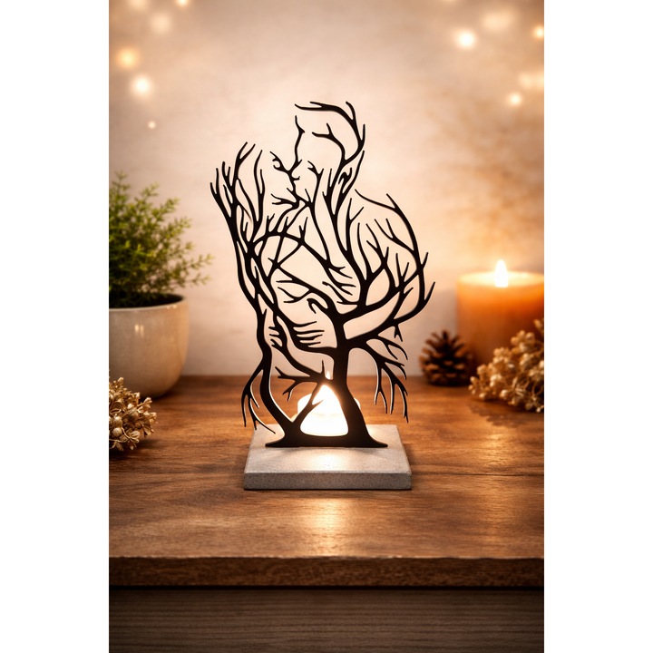 Decoratiune casa cu LED Cuplu Sarutandu-se – Pomul Vietii, Silueta Neagra cu Baza Imitatie Marmura, plastic biodegradabil, 21 cm, Lumanare LED cu Baterie