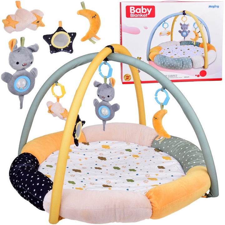 Covoras de activitate moale JOKOMISIADA, set cu 2 palaki, 4 jucarii, culori stinse, 80cm