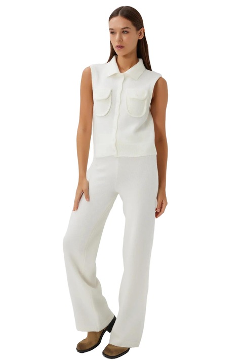 Set femei, Happiness Istanbul, camasa polo texturata si pantaloni largi, ivoire, tricot, One Size INTL