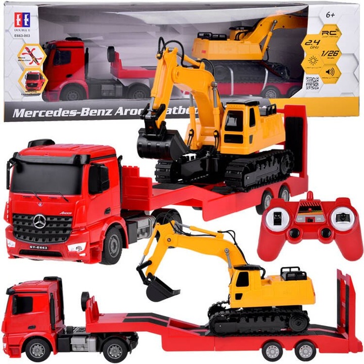 Set RC Tir Mercedes cu Nacela si Semiremorca, 1:26, 22x10x14cm, 57,5x10x11cm, 33x12,5x15,5cm