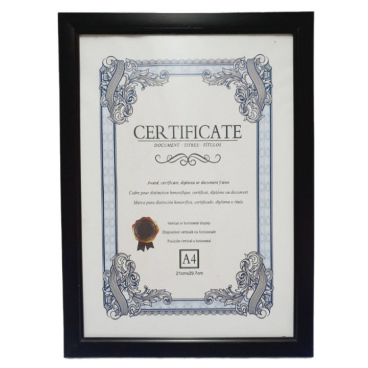 Képkeret A4, fekete, asztali és fali, klasszikus design, 21x29.7 cm