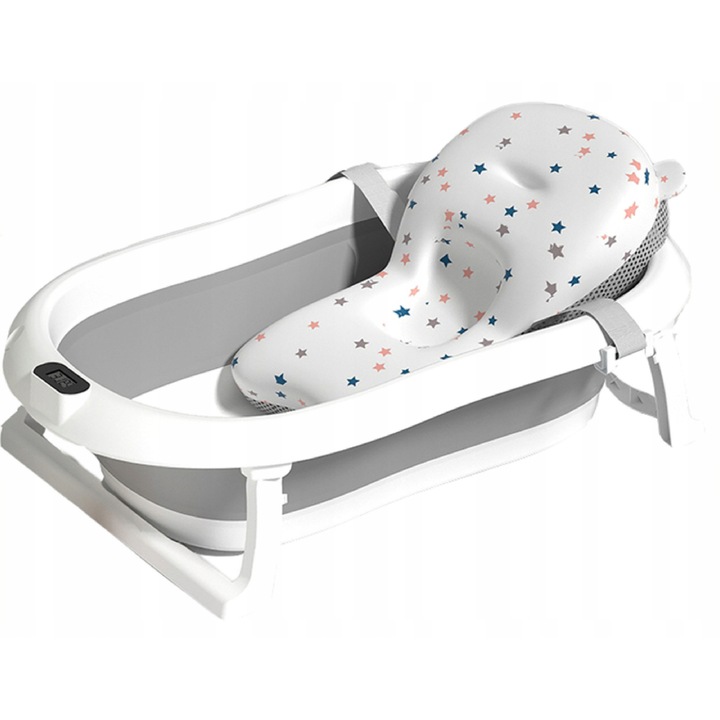 Cada pliabila pentru bebelusi Luxma, cu termometru, perna de baie, gri-alb, 73x44x19cm