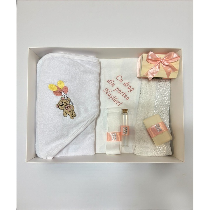 Trusou botez ursulet brodat – pudra, 7 piese, bumbac